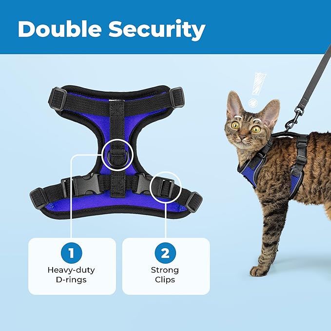 Voyager Escape-Proof Step-in Lock Cat Harness & 5ft Neoprene-Handle Leash Set All-Weather Mesh with Reflective Stitching for Small to Large Cats by Best Pet Supplies, Black Trim-Royal Blue (327), XS