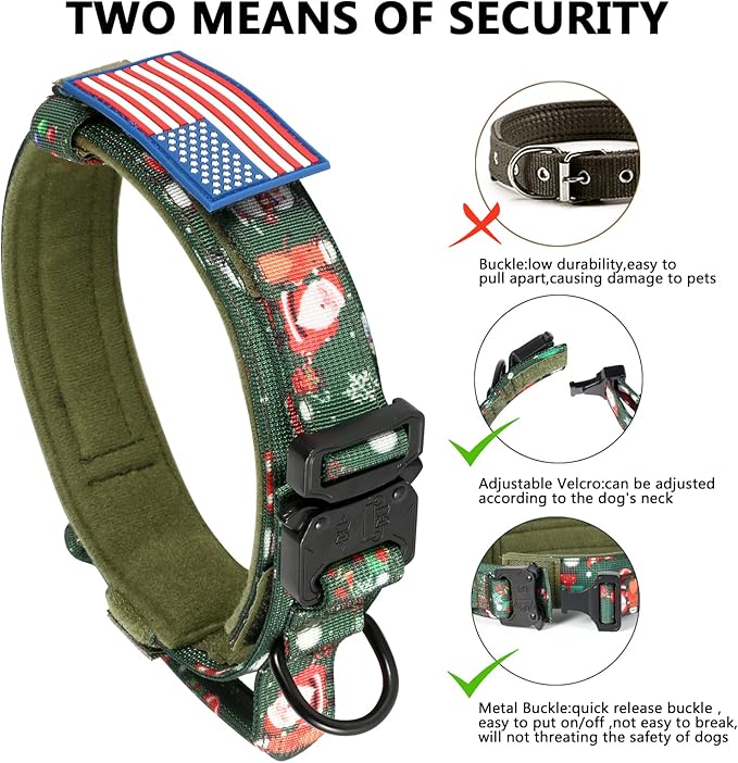 DAGANXI Christmas Tactical Dog Collar, Adjustable Military Training Nylon Dog Collar with Control Handle and Metal Buckle for Medium and Large Dogs, with Patches and Airtags Case (L, Christmas Green)
