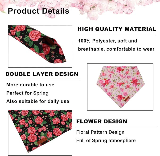 ADOGGYGO Floral Dog Bandana 2 Pack, Reversible Red Pink Rose Puppy Scarf Bib, Adjustable Fit Cute Floral Bandanas for Small Dogs Pets (Small)