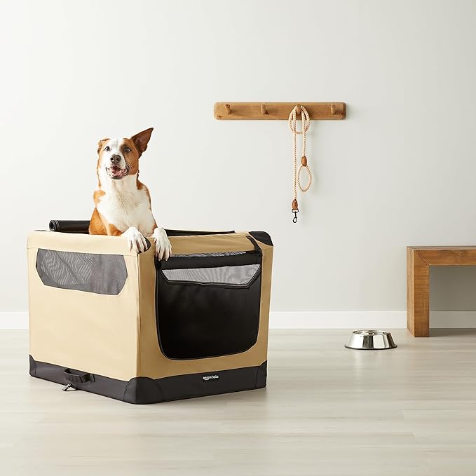 Amazon Basics Portable Folding Soft Dog Crate for Cat, Dog, Rabbit, Double Door with Mesh Ventilation, Collapsible, Easy to Set Up, Large 36" x 24" x 24", Tan