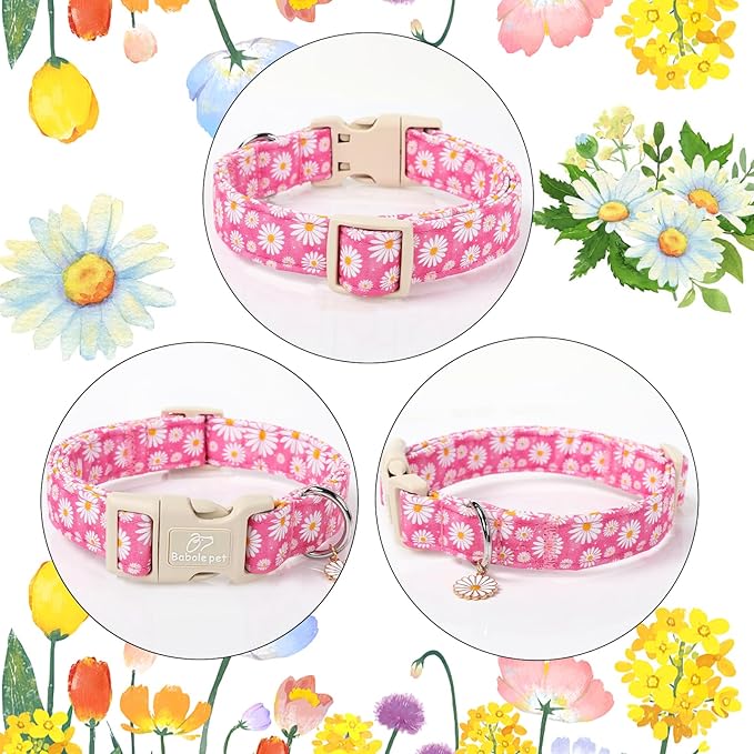 Summer Daisy Dog Collar, Cute Floral Adjustable Pink Dog Collars for Small Dogs, Lightweight Quick-Release Buckle Collar for Boy&Girl Dogs S