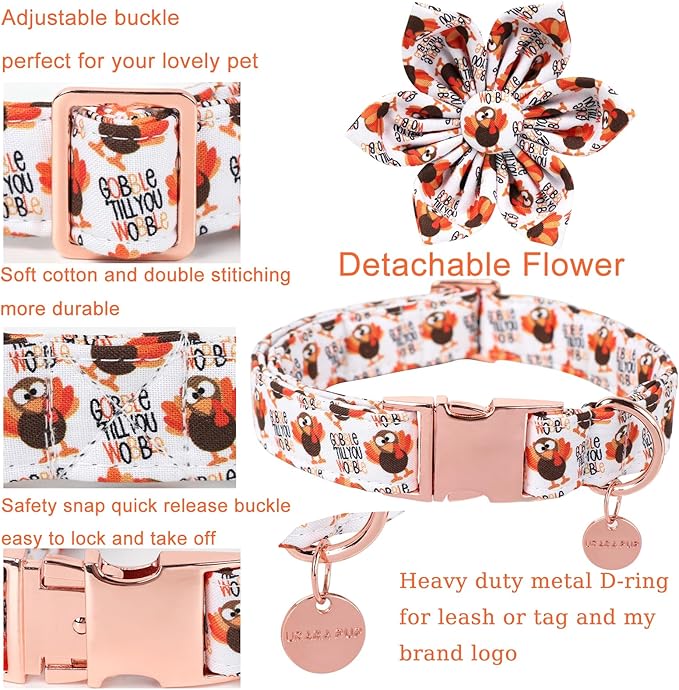 Thanksgiving Dog Collar with Flower, Turkey Cotton Flower Collar for Puppy Girl Dog or Cat, Autumn Flower Collar with Durable Metal Buckle, Thanksgiving Pet Collar, S, Neck 10-16in