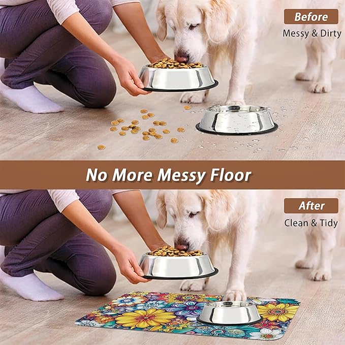 Floral Dog Food Mat for Floors,Cute Mandala Flower Absorbent Quick-Dry Pet Feeding Mat,Cat Dog Bowl Mats for Food and Water,Non-Slip Pet Accessories Supplies 16"x24"
