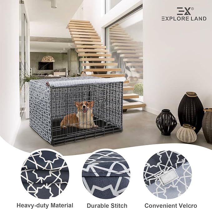 Explore Land Pattern Dog Crate Cover for 42 Inches Wire Cage, Heavy-Duty Polyester 1 2 3 Doors Standard Metal Pet Kennel Enclosure (Morocco)