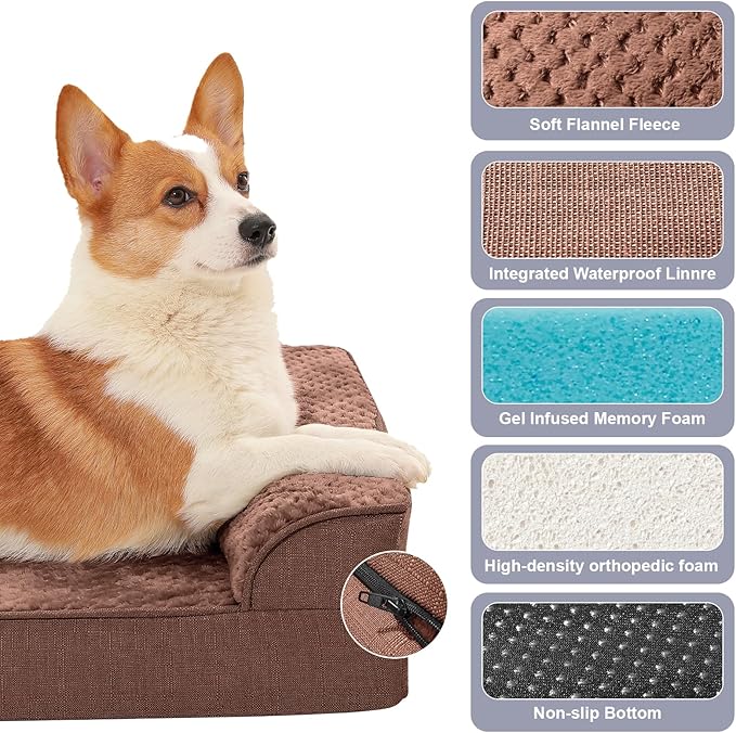 Orthopedic Dog Beds for Large Dogs, Memory Foam Dog Beds Large Sized Dogs, Washable Removable Cover, Nonskid Bottom, Waterproof, for Indoor, Outdoor, Crate ＆ Car Use, 44x32x6 Inches, Brown Grey