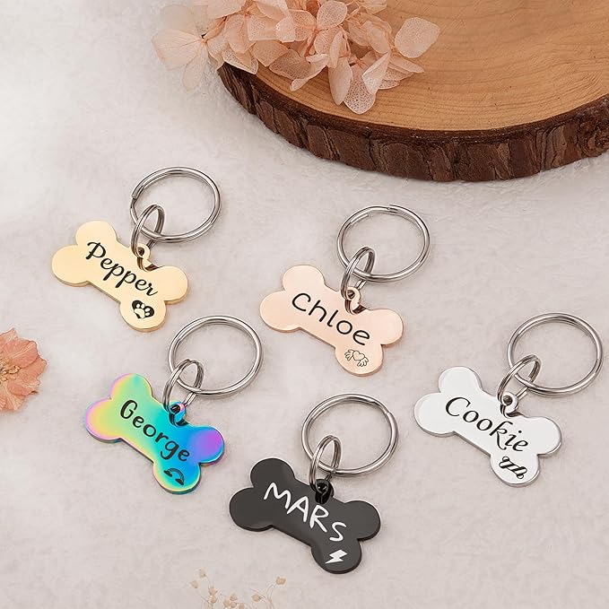 Anavia Small Size Dog Cat ID Tags, Small/XS Personalized Color Plated Stainless Steel Puppy Kitten Name Tags, Customized Engraved Nameplate Pet Collar Tag (Blue, Bone)