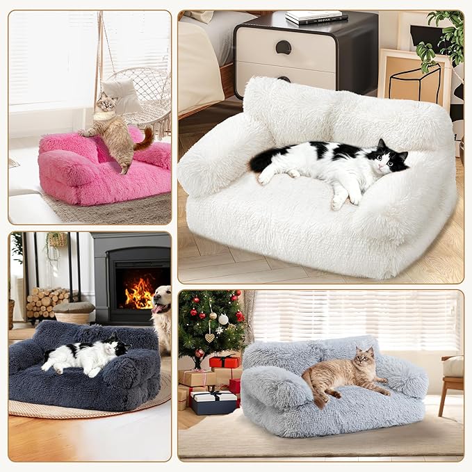 Large Cat Beds for Indoor Cats, Dog Couch Bed, Cute Cat Couch Sofas for Less 20lbs Kitten Puppy, Small Dog Sofas & Chairs with Removable Washable Cover, Warm Pet Furniture, Plush Light Grey