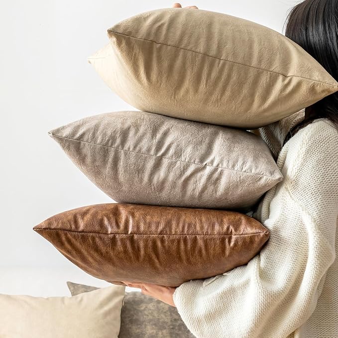 Pack of 2 Leather Throw Pillow Covers, Modern Boho Decorative Cognac Thickened Abrasion Luxury Floor Cushion Cover, for Home Decor Sofa Couch Bed Office Cafe Pillow Covers 24x24 inch