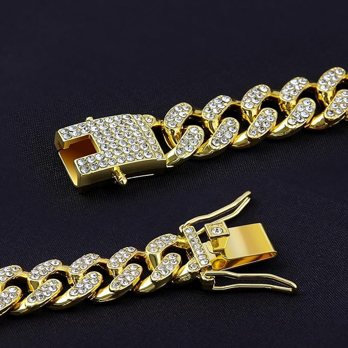 Dog Chain Designer Gold Crystal Pet Collar Cuban Link Chain with Secure Buckle Luxury Adjustable Necklacefor Small Medium Large Dogs Cats(Glod 18inch)