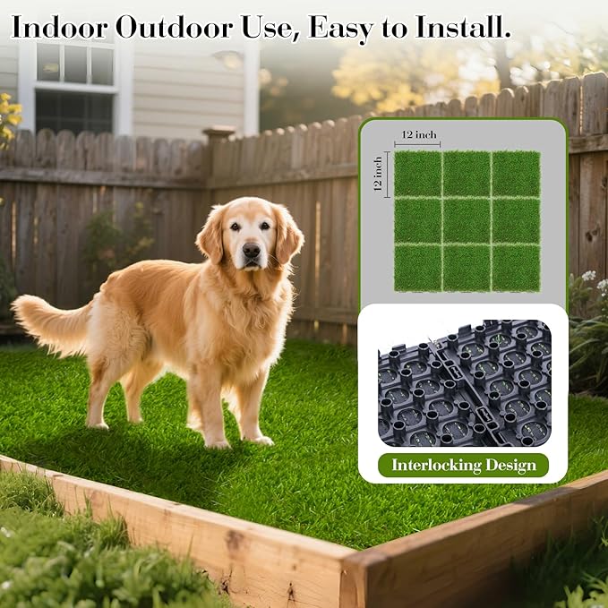 XLX TURF Interlocking Fake Grass Tiles for Dogs Potty - Pets Friendly Artificial Grass for Dog Kennel Outdoor Patio Balcony & Home Decor - 12"x12" 12 Pack