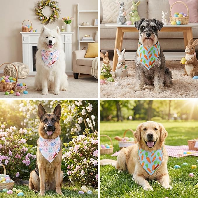 ADOGGYGO Easter Dog Bandanas 2 Pack, Reversible Bunny Carrot Print Puppy Scarf, Premium Fabric, Adjustable Fit Easter Bandana for Extra Large Dogs (X-Large)