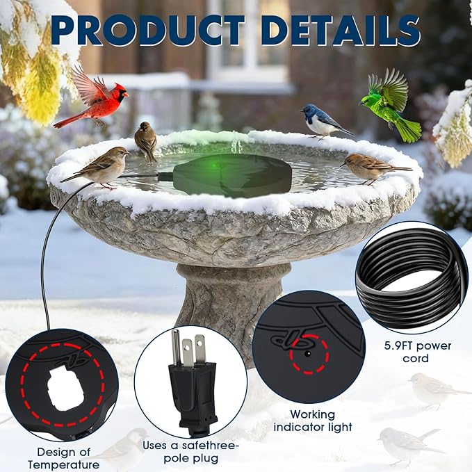 Outdoors 100W Bird Bath Heater for Winter,Birdbath Deicer Pond De-icer Thermostatically Controlled Birdbaths Water Heater with 5.9 Ft Power Cord and Working Indicator Light (Black)
