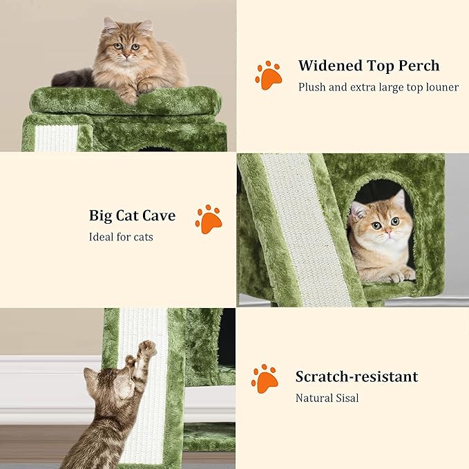 YANDLVY Small Cat Tower for Cats, Cute Cat Tree for Indoor Cats, Kittens Condo with Scratching Post and Board, Cat Cave, Modern Cat Activity House with Plush Perch (Green)