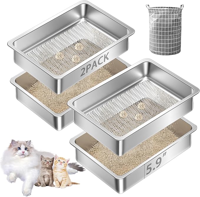 Teheao 2 Pack Stainless Steel Sifting Cat Litter Box for Clumping Litter, Kitty Large Metal Sifter Tray Pan with Cat Litter Bag, Low Dust, Odor Control, Easy Cleaning (17.7"*13.8"*5.9")