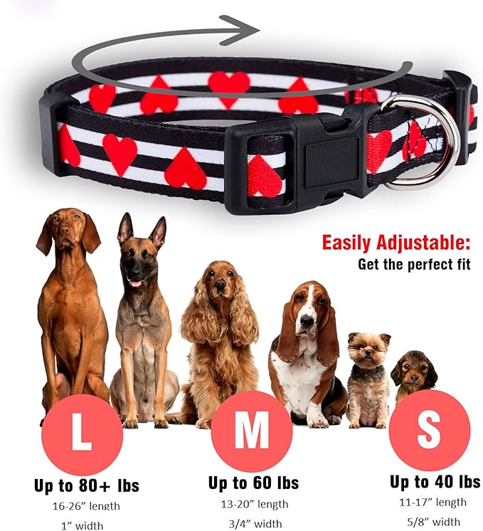 Native Pup Valentine’s Dog Collar- Valentines Day Pet Collars- Valentine Girly Hearts- Pink Red Heart- Cute Boy Girl Puppy Gift- Adjustable for Small, Medium, Large Breeds (Striped Hearts, Large)