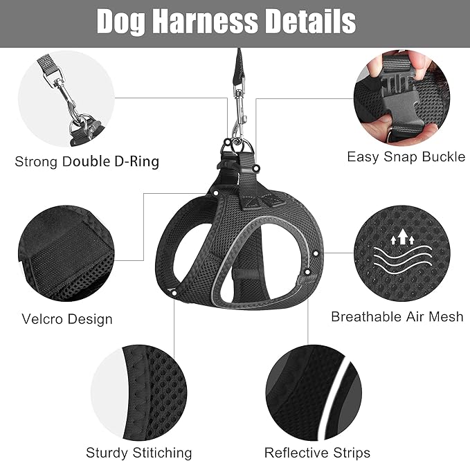 PetiFine Cat Harness and Leash Set,Escape Proof Kitten Harness Reflective,Soft Lightweight Puppy Harness for Walking and Travelling(XXS, Black)