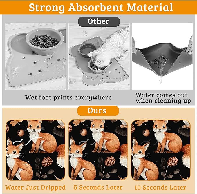 Cute Squirrel Dog Cat Food Mat,Bird Fox Absorbent Waterproof Placemat for Food and Water Non Slip Rubber Backing Durable Feeding Pad for Clean Floors 12" x 20"