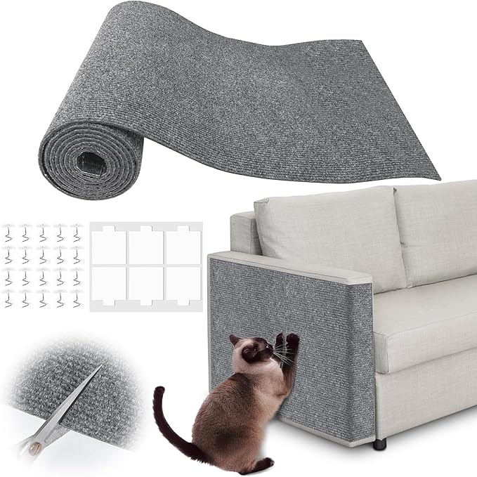Cat Scratch Furniture Protector - 100" x 13.8" Trimmable Self-Adhesive Cats Claws Scratch Pads, DIY Cat Climbing Couch Protector for Scratch Post Cat Tree Replacement Indoor (Light Gray)