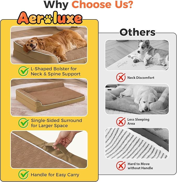 Dog Bed Large Sized Dogs, XL Orthopedic Dog Bed for Large Dogs 42"x30"x7.5", Waterproof Pet Bed with Washable Removable Cover, L-Shaped Pet Couch with Portable Handle, Camel