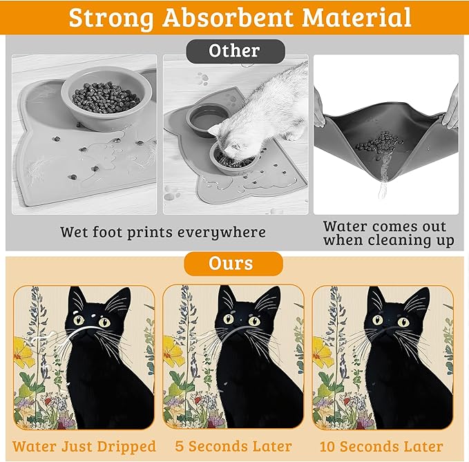 Dog Bowl Mat,Cat Black Pet Feeding Mat for Floors Waterproof,Color Flowers Absorbent Dogs Placemat for Food and Water Quick Dry Pet Cat Feeding Mats with Non Slip Bottom 16" x 24"