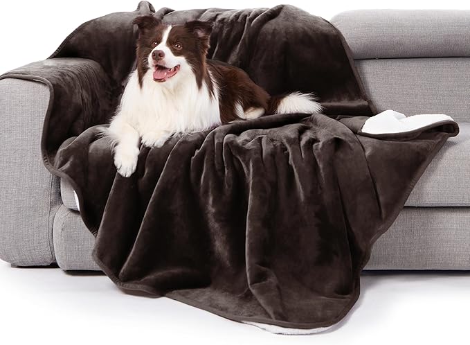 gogobunny Waterproof Bed Blanket, Reversible Sherpa Fleece Throw Blanket for Dog Puppy Cat, Furniture Cover Protects Bed Couch Sofa from Liquid Pee and Pet Fur (Dark Brown, 60x80 inches)