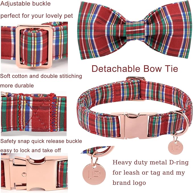 Christmas Plaid Dog Collar with Bow, Red and Blue Check Adjustable Pet Collar with Quick Release, Christmas Stripes Bowtie Collar for Small Medium Large Dogs XS