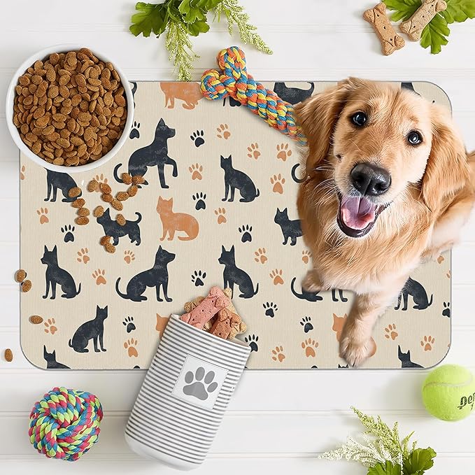 Cute Cat Paw Prints Dog Food Mat for Floors,Vintage Boho Absorbent Pet Food and Water Bowl Mats,Non-Slip Pet Feeding Mat,Pet Supplies 16" x 24"