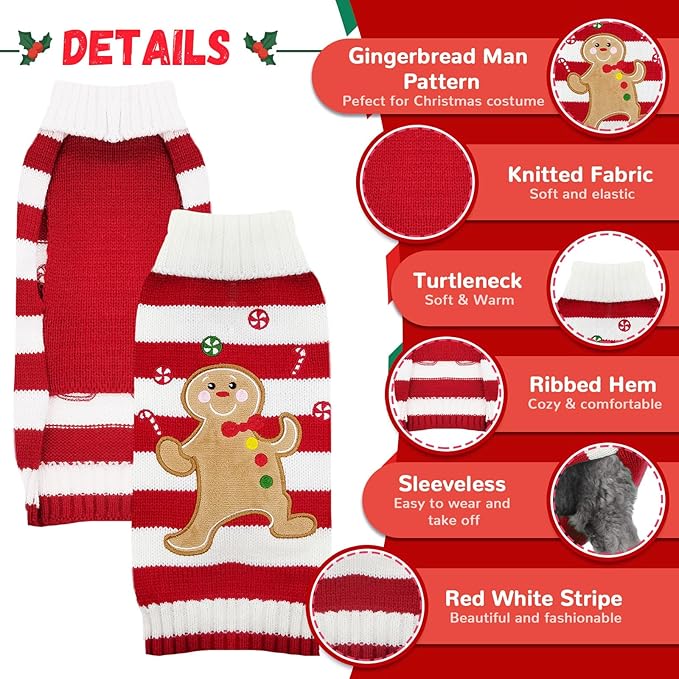 Dog Christmas Sweater Xmas Pet Clothes Cute Striped Gingerbread Man Costume Holiday Puppy Cat Jumpers Outfits New Year Gifts for Small Medium Large Dogs(Red Gingerbread Man,XS)