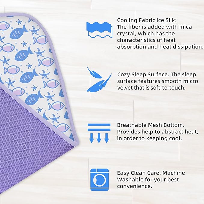 NWK Pet Cooling Mat - Ice Silk Cooling Mat for Dogs & Cats Portable & Washable Pet Cooling Blanket, Car Seats, Beds for Summer (1, Purple Fish, 27‘’ X 39‘’ X 0.3'')