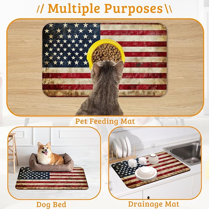 Retro Flag Dog Cat Food Mat,Absorbent Waterproof Placemat for Food and Water Non Slip Rubber Backing Durable Feeding Pad for Clean Floors 12" x 20"