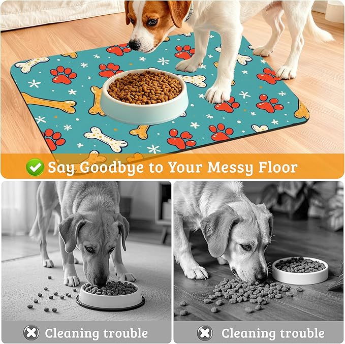 Dog Paws Cat Food Mat,Bones Absorbent Pet Feeding Mat for Food and Water Bowl,Quick Dry Dog Placemat Non Slip Rubber Backing Waterproof Pet Supplies 12" x 20"