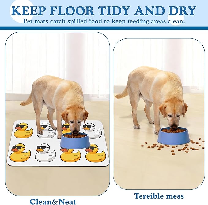Cute Ducks Glasses Pet Feeding Mat for Floors–Christmas Stocking Absorbent Quick Dry Dog Cat Bowl Mat for Food and Water, Non Slip Waterproof Base, Mess-Free Feeding Accessories 16"x24"