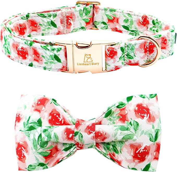 Lionheart glory Dog Collar Bow Collar Floral Dog Collar with Bow Tie Spring Summer Cute Collar Dog Boy or Girl Dog Collars Soft Durable Adjustable Dog Collars for Small Dogs