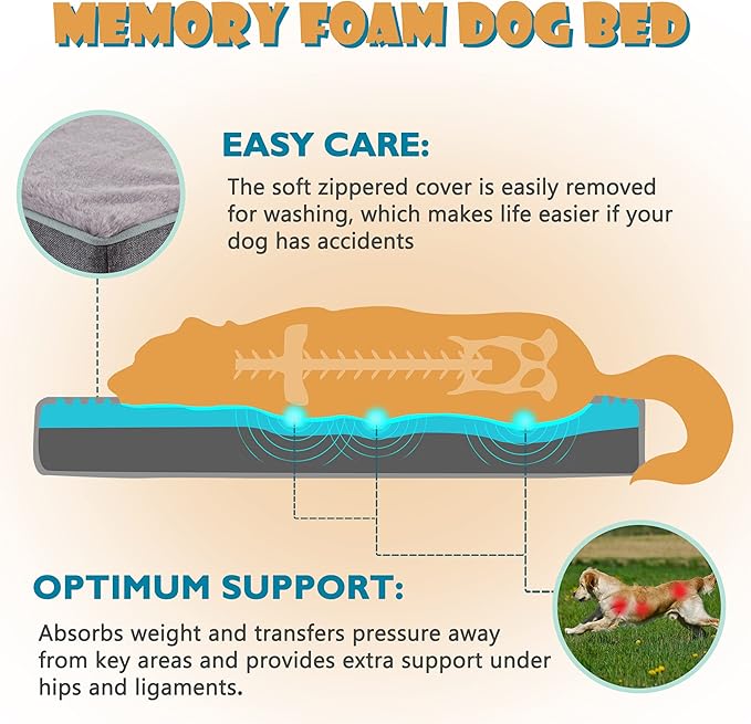 Extra Large Dog Bed, Cooling Dog Beds for Large Dogs, Washable Orthopedic Pet Bed for Crate with Joint Relief Memory Foam, Waterproof Liner and Plush Cover (41"x 29")