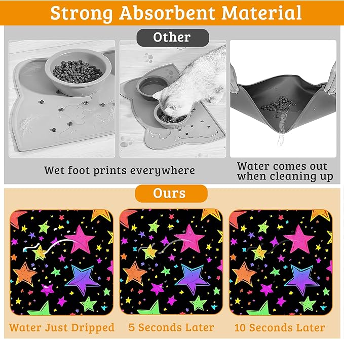 Neon Stars Dog Food Mat,Bright Colorful Absorbent Pet Feeding Mat for Food and Water Bowl,Quick Dry Dog Placemat Non Slip Rubber Backing Waterproof Pet Supplies 16" x 24"
