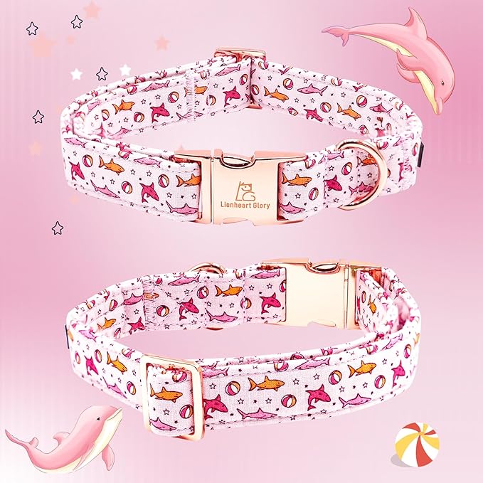 Lionheart glory Dog Collar Shark Print Dogs Bow Collar Adjustable Soft Pink Dog Collars Male or Female Summer Spring Collars with Bowtie for Small Dogs Puppy