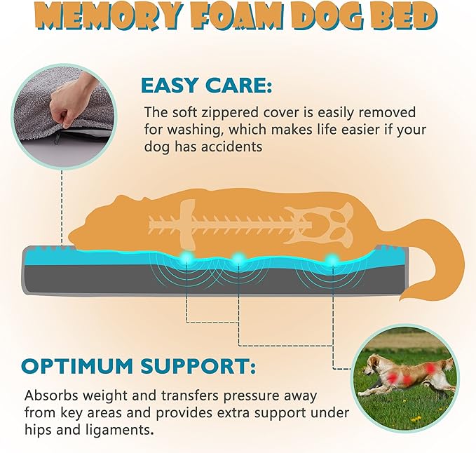 Extra Large Dog Bed, Cooling Dog Beds for Large Size, Washable Orthopedic Pet Mat for Crate with Joint Relief Memory Foam, Waterproof Liner and Plush Cover (50’’x 34’’)