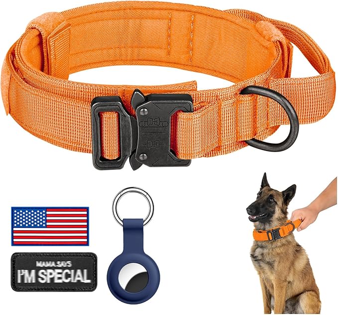 DAGANXI Tactical Dog Collar, Adjustable Military Training Nylon Dog Collar with Control Handle and Heavy Metal Buckle for Medium and Large Dogs, with Patches and Airtags Case (Orange, S)