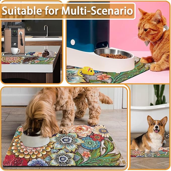 Absorbent Pet Dog Bowl Mat for Food and Water, Pet Cat Food Feeding Mat with Non Slip Rubber Backing, Dog Food Mats for Floors Waterproof, 16"x24"