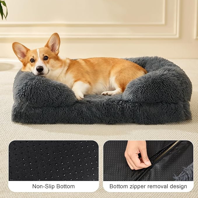 Orthopedic Dog Bed for Cat and Small Dogs of Comfortable Memory Foam Pet Bed with Sides,Fluffy Dog Couch Sofa Bed with Anti-Slip Bottom Dark Grey S