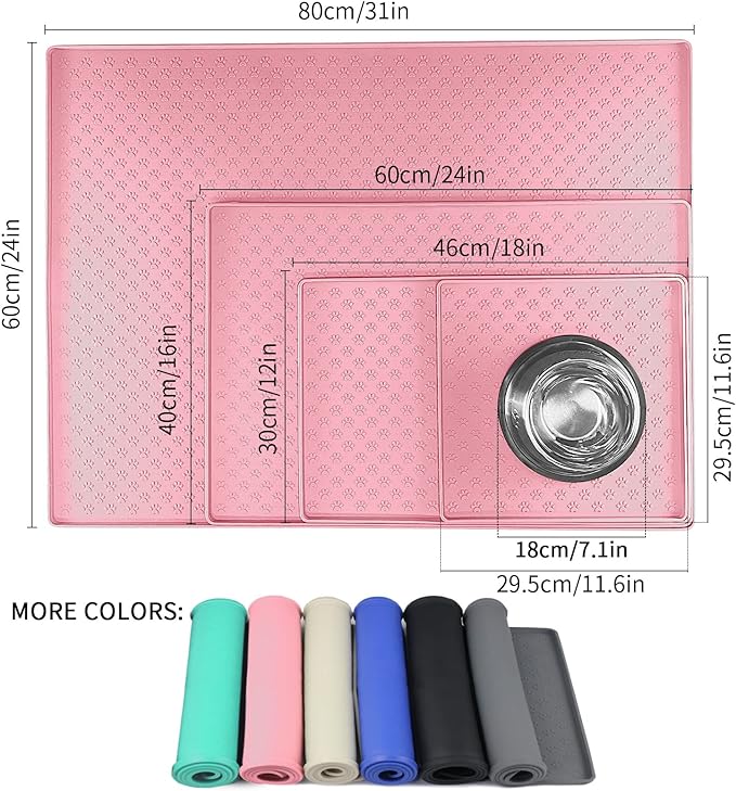 Ptlom Pet Placemat for Dog and Cat, Waterproof Non-Slip Silicone Feeding Bowl Mat Prevent Food and Water Overflow, Puppy Dish Feeder Fountain Trays Suitable for Medium and Small Pets, Pink