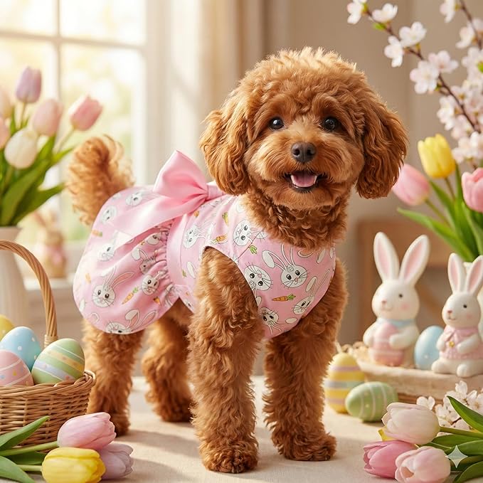 Easter Dog Dress with Bunny & Carrot Print, Festive Holiday Pink Spring Pet Outfit with Satin Bow for Small Medium Dogs