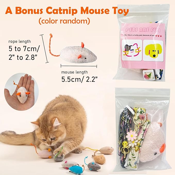 2 Pack Cotton Breakaway Cat Collars Set with Bell and Flower Pendant, Cute Floral Fruit Patterned, Adjustable 7.5-11Inch, Include A Mouse Toy Gift
