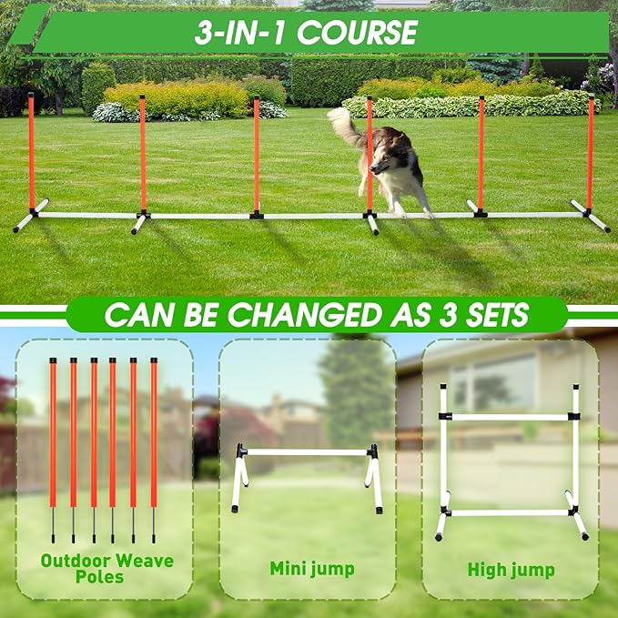 Dog Agility Course Backyard Set, Dog Agility Equipment, Pet obstacle Course Backyard with 6 Dual Mode Weave Poles, 2 Adjustable Hurdle, Jump Ring, Tunnel, Pause Box, Toy Balls and 2 Carrying Bags