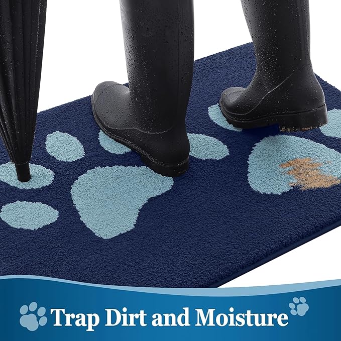 Buganda Dog Door Mat for Muddy Paws, Absorbent Dirt Trapper Washable Indoor Doormats, Non Slip Low-Profile Mud Mat for Dogs, Front Entrance Doormat for Inside Floor (47x24 Inches, Dark Blue)