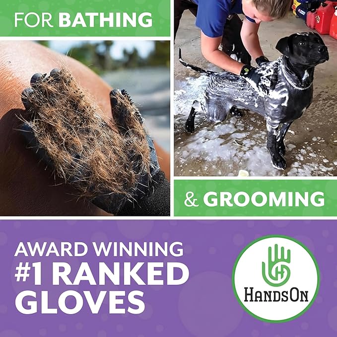 H HandsOn Pet Grooming Gloves - Patented #1 Ranked, Award Winning Shedding, Bathing, & Hair Remover Gloves - Gentle Brush for Cats, Dogs, and Horses (Black, Small)