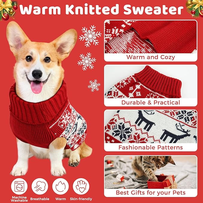 Dog Christmas Sweater, Soft Warm Pet Clothes Coat for Small Medium Large Dogs and Cats Boy Girl, Fall Cozy Holiday Turtleneck Knitting Collar Pullover Pup Outfit Costume for Thanksgiving New Year