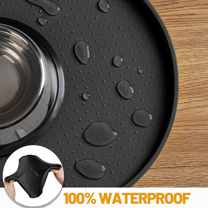 Hubulk 100% Waterproof Silicone Pet Feeding Mat with Raised Edge for Food and Water, Dog Bowl Mats, Cat Bowls Placemat with High Lip Protects Floor for Cats and Dogs (Black, 19" L x 12" W)