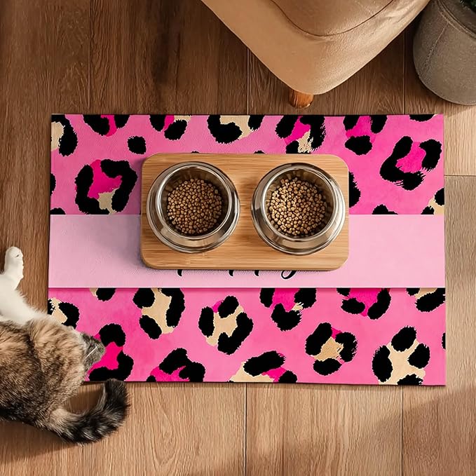 Puppy Feeding Mat 24x16 inch Hot Pink Leopard Print Pet Bowl Placemat Non Slip Floor Mat for Food and Water Indoor Dog Feeding Station Cute Meal Pad for Small Pets Kitchen Use