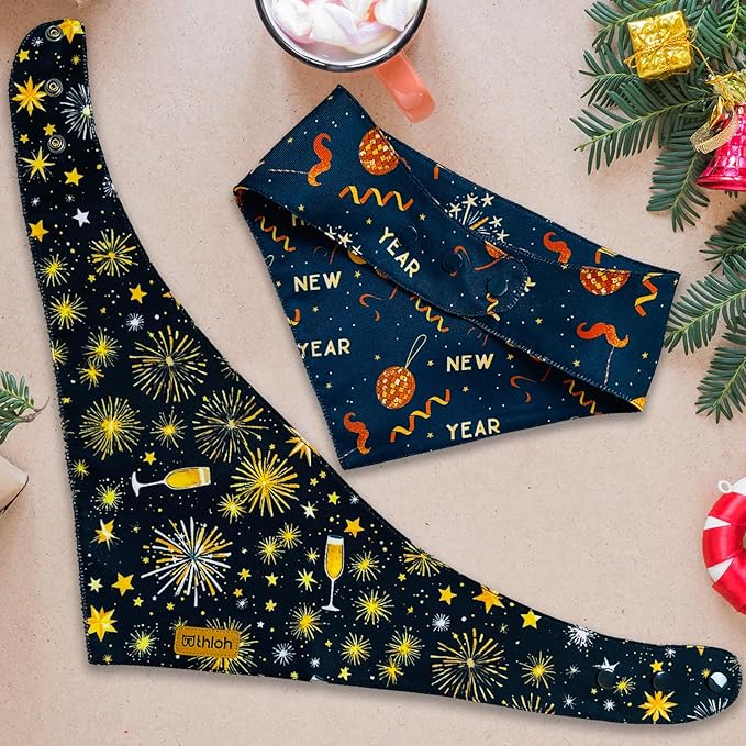 Happy New Year Dog Bandanas with Snap Button, 2 Pack Adjustable Bandanas for Small, Medium, and Large Dogs, Pet Scarf for Holiday Costume Accessory & Photo Shoot (X-Large)